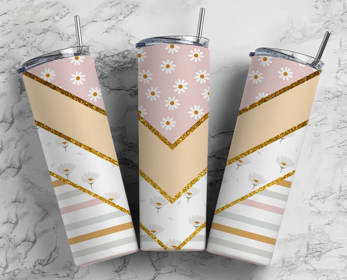 Retro Flower Stripe 20oz Sublimation Tumbler Designs, Aesthetic Floral 9.2 x 8.3” Straight Skinny Tumbler Wrap PNG 56