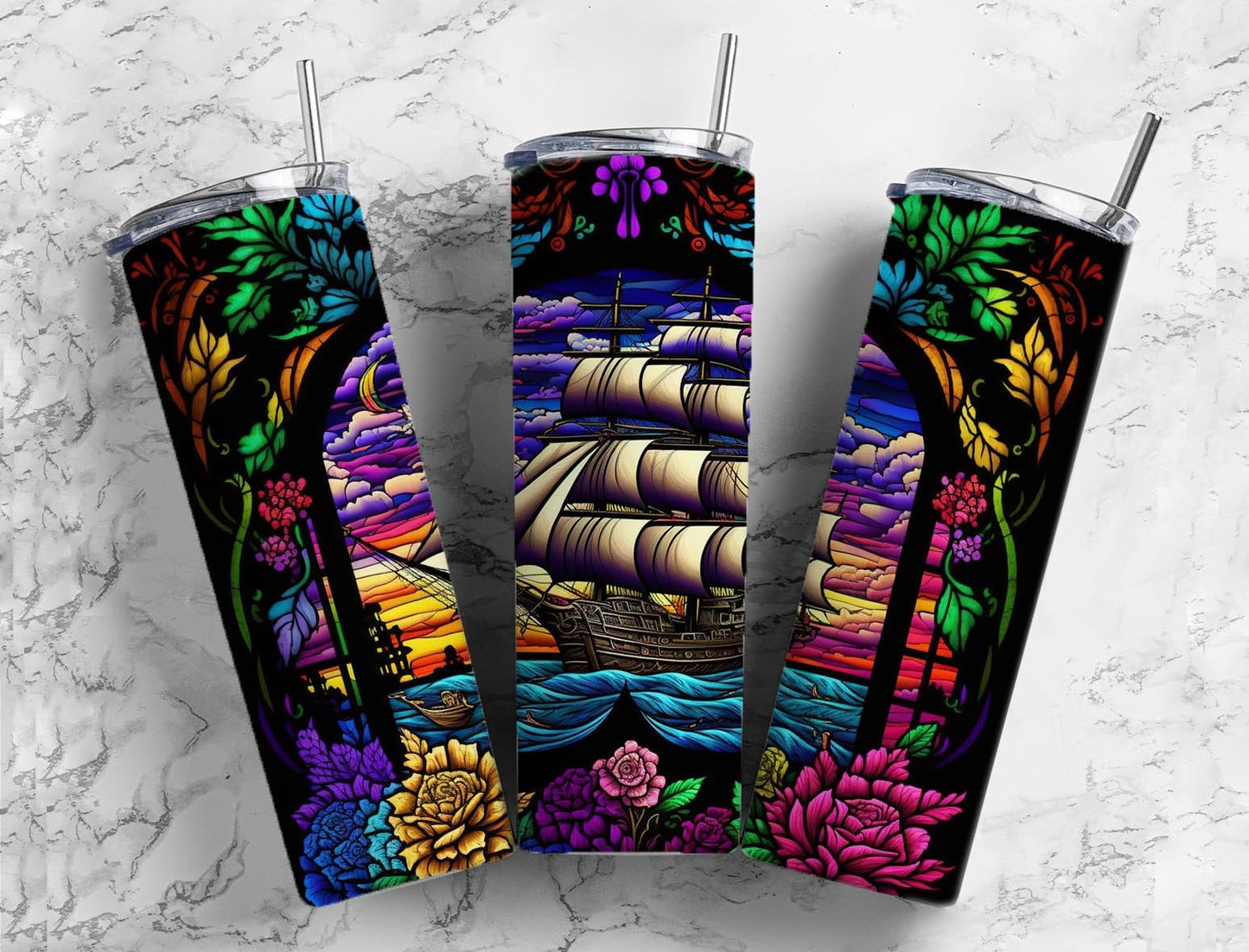 Stained glass ship 20oz Sublimation Tumbler Designs, rainbow neon 9.2 x 8.3” Straight Skinny Tumbler Wrap