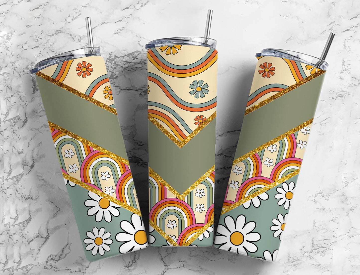 Retro Hippy 20oz Sublimation Tumbler Designs, Rainbow Boho 9.2 x 8.3” Straight Skinny Tumbler Wrap, Aesthetic Tumbler