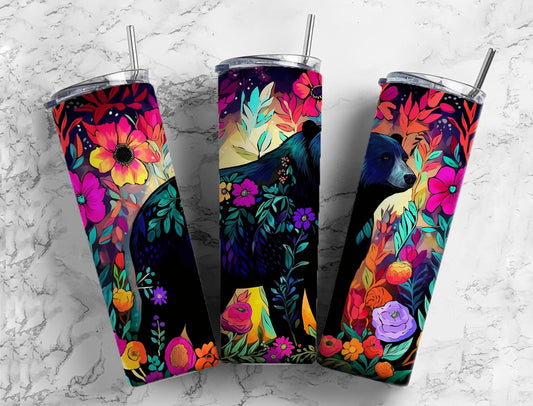 Black bear 20oz Sublimation Tumbler Designs, Colorful floral 9.2 x 8.3” Straight Skinny Tumbler Wrap PNG