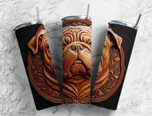 Tooled leather bulldog 20oz Sublimation Tumbler Designs, Engraved leather 9.2 x 8.3” Straight Skinny Tumbler Wrap PNG