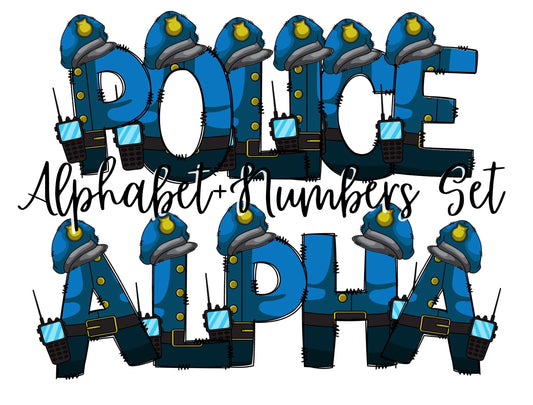 Police Doodle Letters Alphabet with Uppercase and Numbers PNG, Alphabet PNG Digital Download PNG