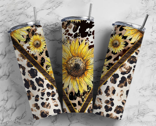 Sunflower Leopard Print 20oz Sublimation Tumbler Designs, Aztec Western 9.2 x 8.3” Straight Skinny Tumbler Wrap PNG, Southwest tumbler