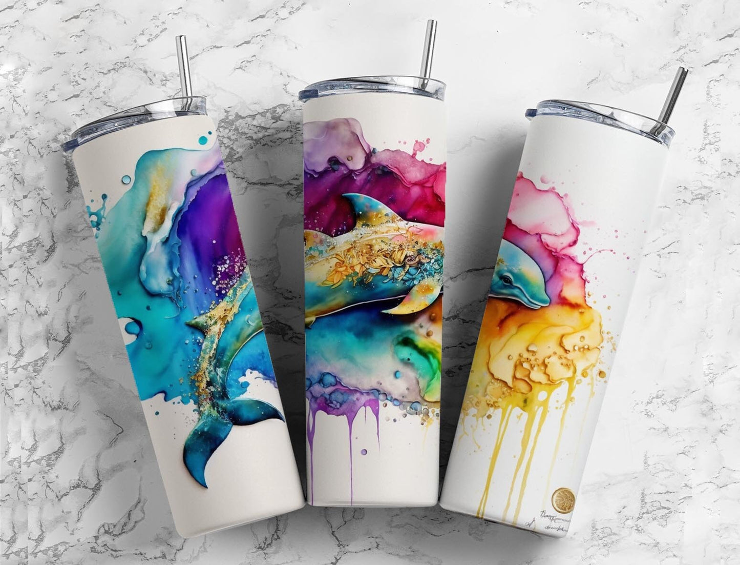 Dolphin 20oz Sublimation Tumbler Designs, Alcohol Ink Watercolor 9.2 x 8.3” Straight Skinny Tumbler, Tumbler Wrap PNG