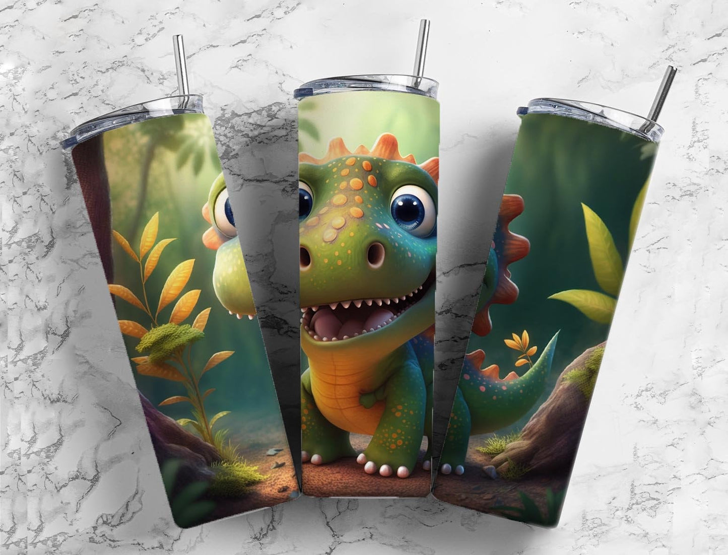 Cartoon dinosaur 20oz Sublimation Tumbler Designs, Dinosaur forest 9.2 x 8.3” Straight Skinny Tumbler Wrap PNG