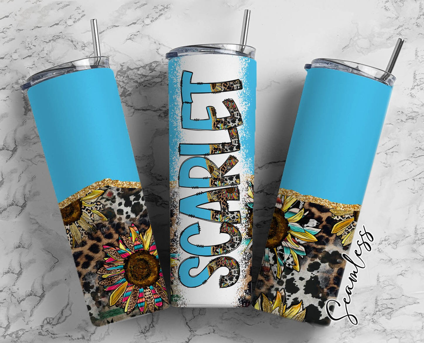 Country SunflowerTumbler Wrap with Matching Doodle Letter Alphabet PNG, Blue WesternAdd your Own name 20oz Tumbler, Alpha Set PNG 5