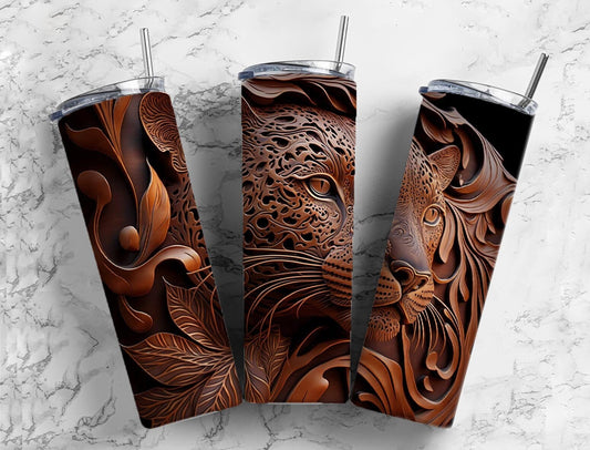 Tooled leather Jaguar 20oz Sublimation Tumbler Designs, Carved leather 9.2 x 8.3” Straight Skinny Tumbler Wrap PNG