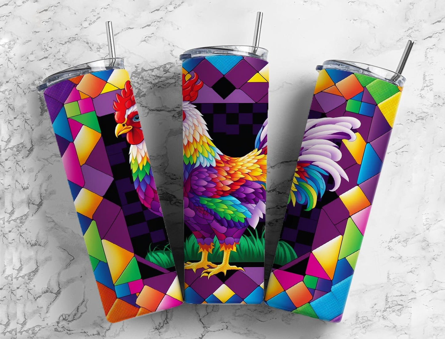 Chicken 20oz Sublimation Tumbler Designs, Rainbow Patchwork Quilt 9.2 x 8.3” Straight Skinny Tumbler, Tumbler Wrap PNG