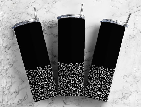 Silver Glitter Leopard 20oz Sublimation Tumbler Designs, Silver Black Animal Print 9.2 x 8.3” Straight Skinny Tumbler Wrap PNG