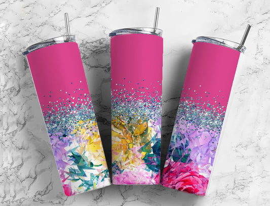 Botanical Petal 20oz Sublimation Tumbler Designs, Iridescent Glitter Pink 9.2 x 8.3” Straight Skinny Tumbler, PNG67