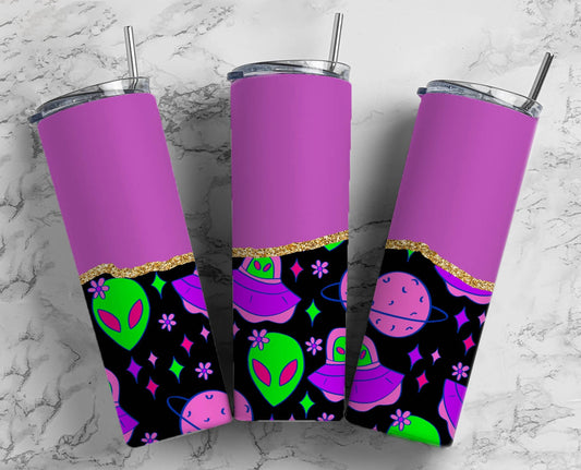 Bright Alien 20oz Sublimation Tumbler Designs, Fluro Green Purple Gold Agate Line 9.2 x 8.3” Straight Skinny Tumbler Wrap PNG38