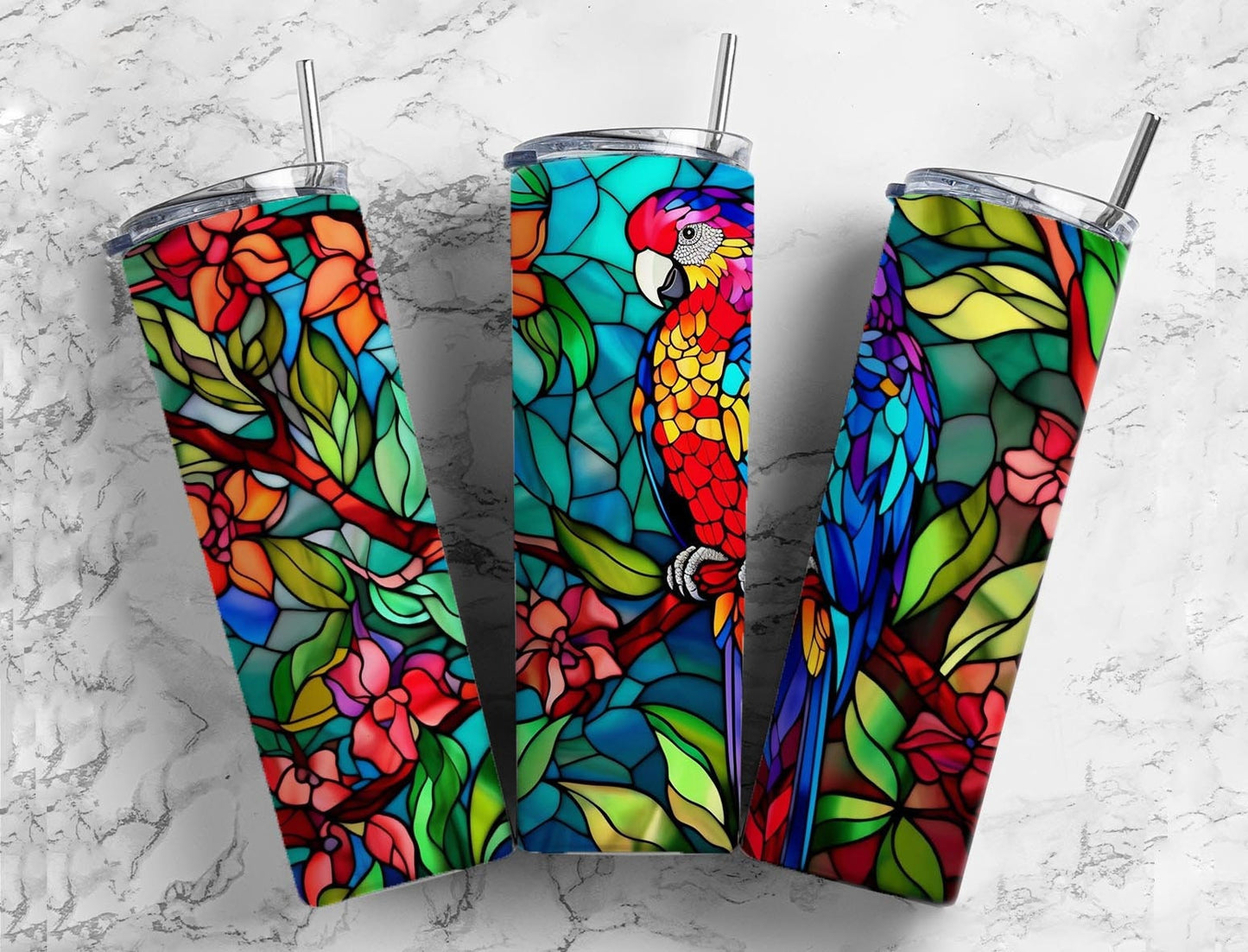 red macaw 20oz Sublimation Tumbler Designs, Stained glass 9.2 x 8.3” Straight Skinny Tumbler Wrap PNG