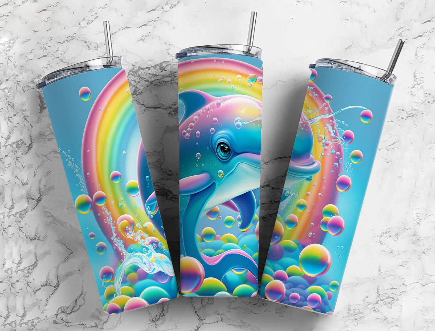 Dolphin Rainbow 20oz Sublimation Tumbler Designs, Pretty Girl 9.2 x 8.3” Straight Skinny Tumbler Wrap PNG, Sublimation Design PNG