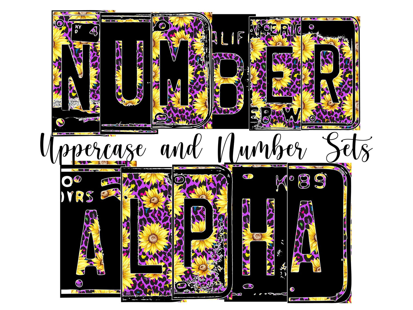 Purple Leopard Number Plate Alphabet Uppercase Numbers PNG, Sunflower Alphabet PNG Digital Download