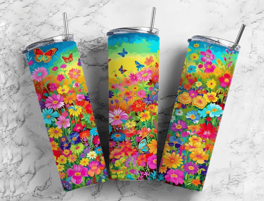 Colorful floral 20oz Sublimation Tumbler Designs, Butterfly garden 9.2 x 8.3” Straight Skinny Tumbler Wrap PNG