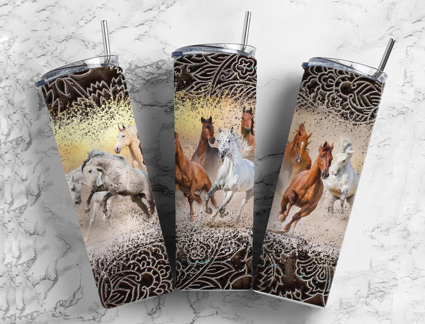 Tooled Leather Horse 20oz Sublimation Tumbler Designs, Aztec Country Western 9.2 x 8.3” Straight Skinny Tumbler, Horse Lover Wrap PNG