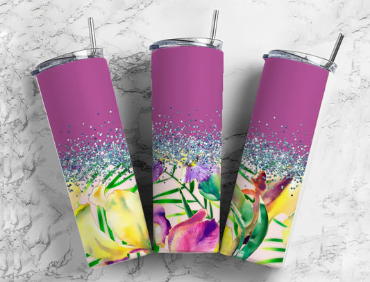 Retro Petals 20oz Sublimation Tumbler Designs, Iridescent Glitter Purple 9.2 x 8.3” Straight Skinny Tumbler Wrap PNG