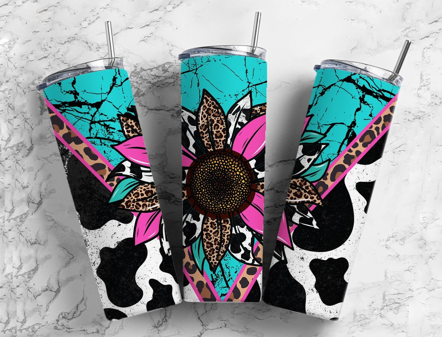 Turquoise Gem Stone Cow 20oz Sublimation Tumbler Designs, Western Sunflower 9.2 x 8.3” Straight Skinny Tumbler Wrap PNG, Sublimation design