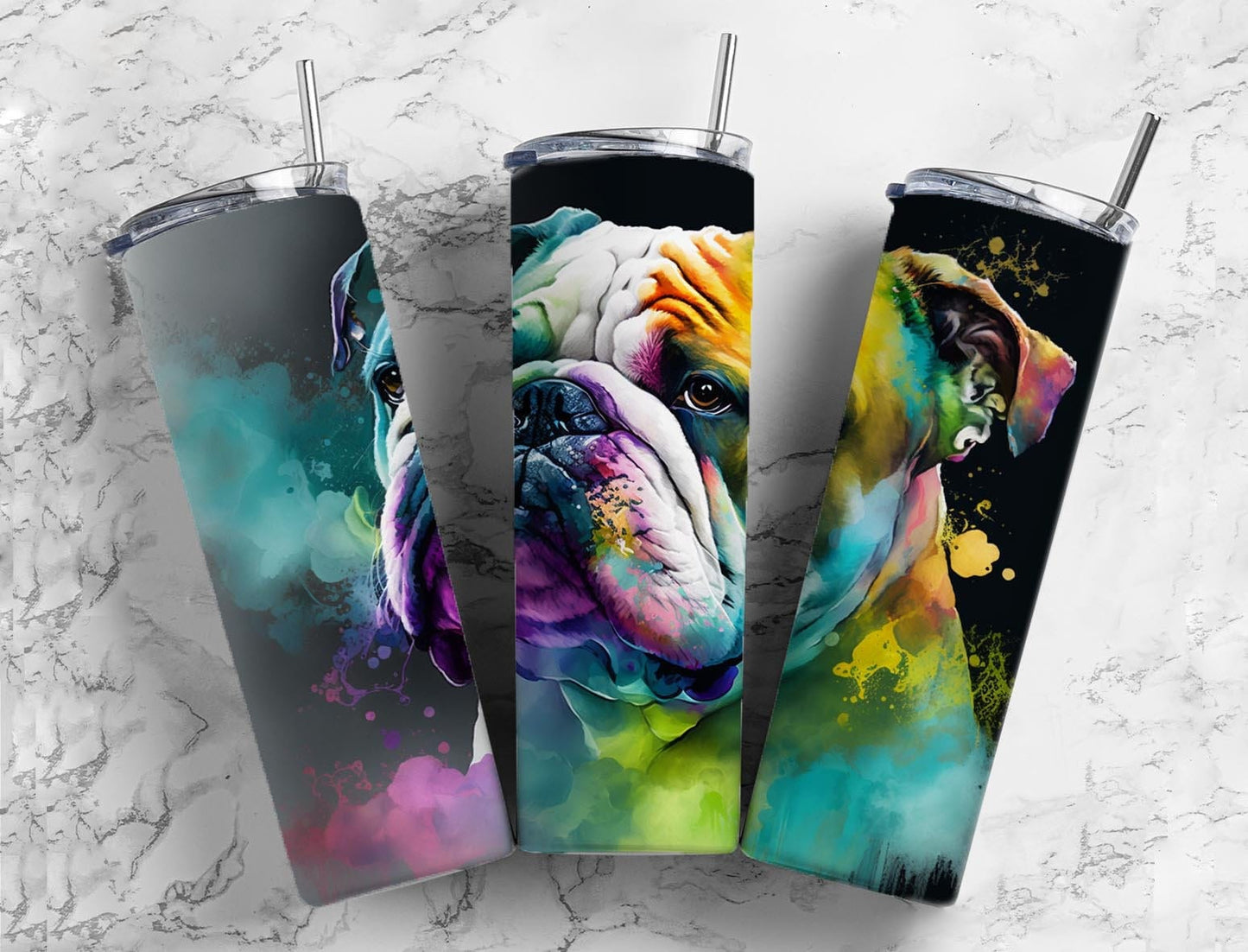 Bull Dog 20oz Sublimation Tumbler Designs, Alcohol Ink Watercolor 9.2 x 8.3” Straight Skinny Tumbler, Tumbler Wrap PNG