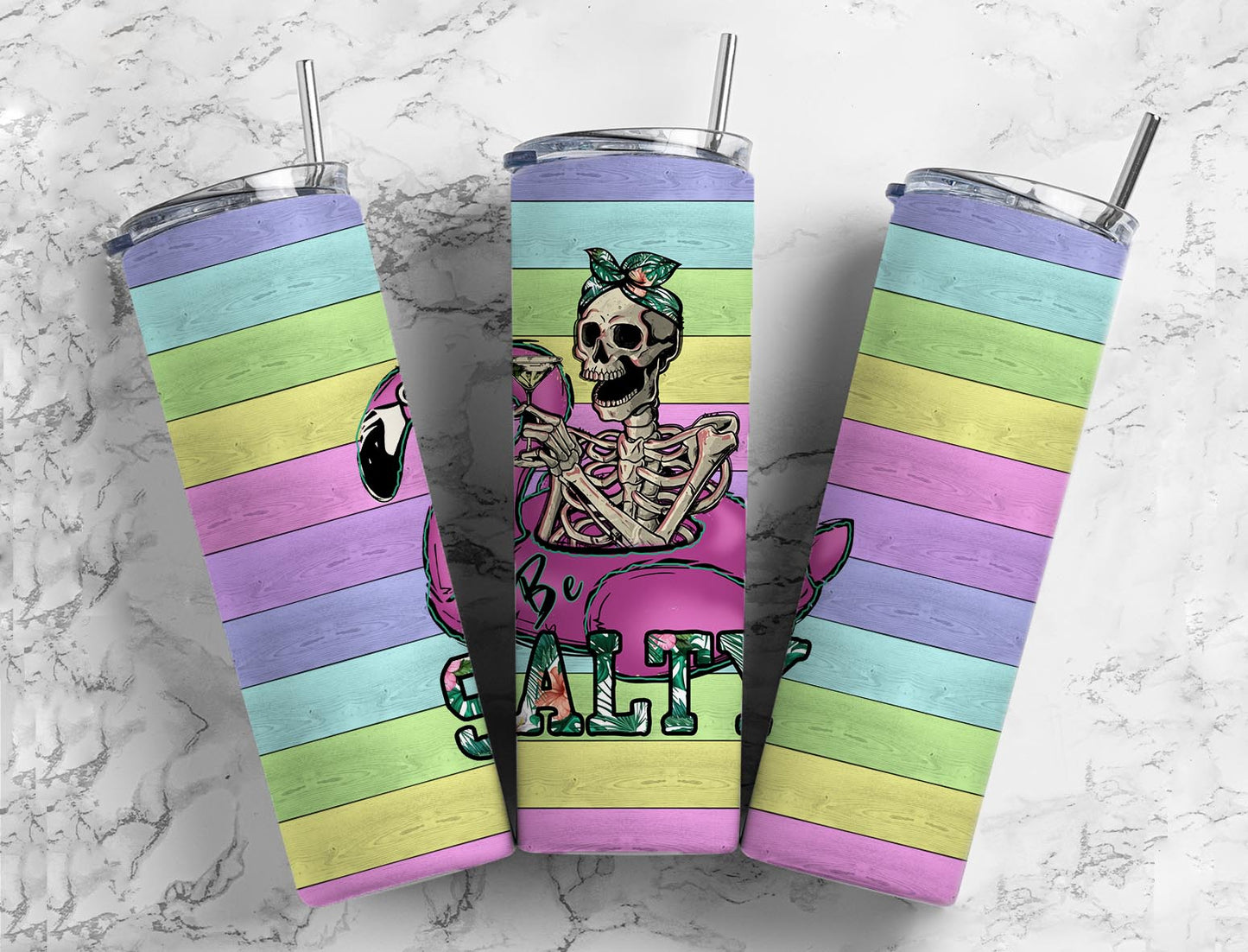 Skeleton Be Salty 20oz Sublimation Tumbler Designs, Summer rainbow 9.2 x 8.3” Straight Skinny Tumbler Wrap PNG