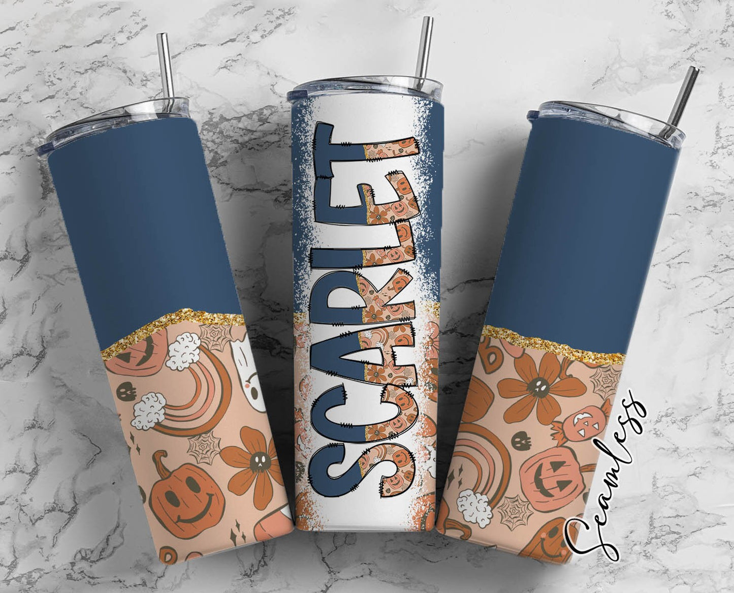 Retro Flower Tumbler Wrap with Matching Doodle Letter Alphabet PNG, Floral Aesthetic Add your Own name 20oz Tumbler,Blue Alpha Set PNG 46