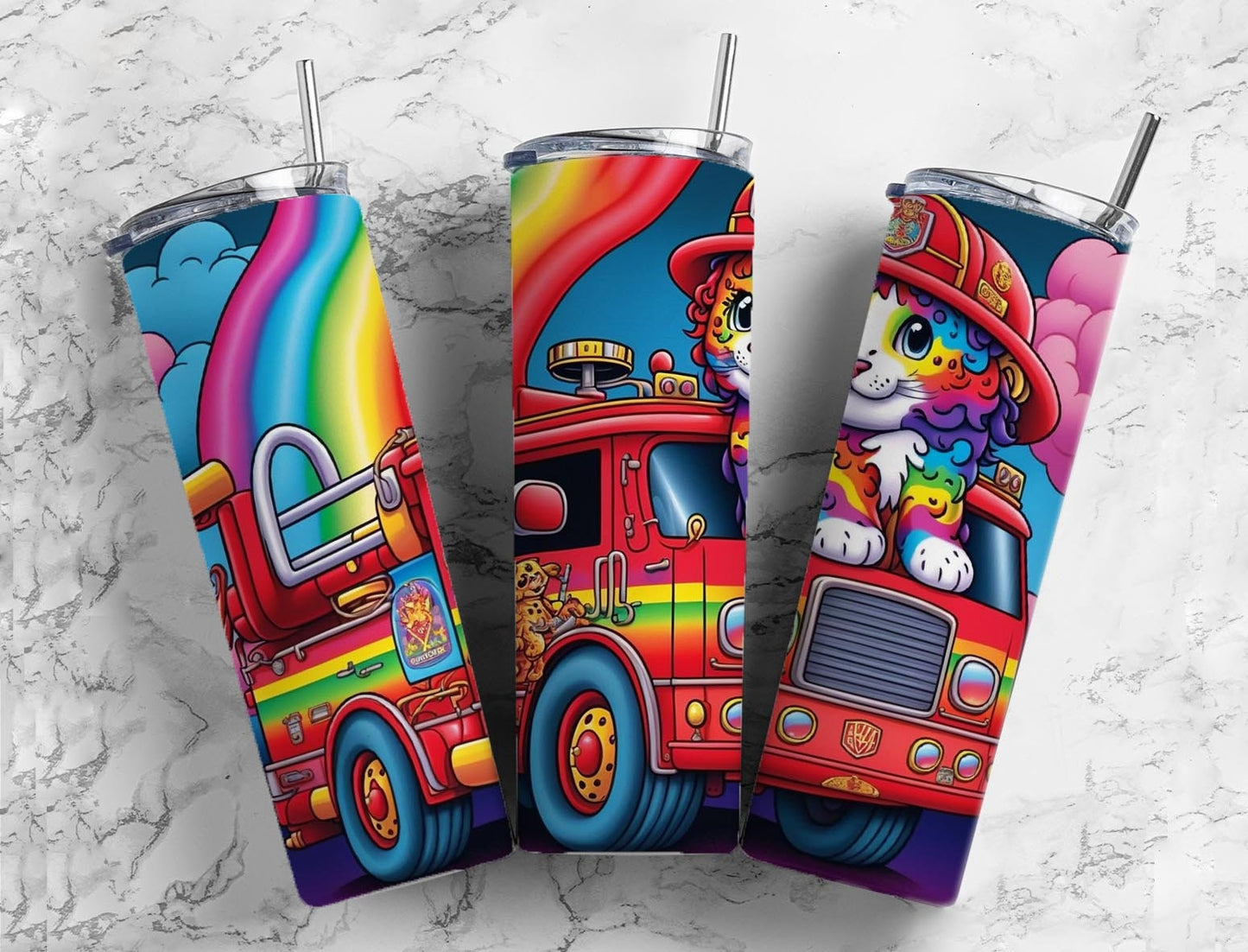 Rainbow fire truck 20oz Sublimation Tumbler Designs, Colorful firefighter 9.2 x 8.3” Straight Skinny Tumbler Wrap PNG