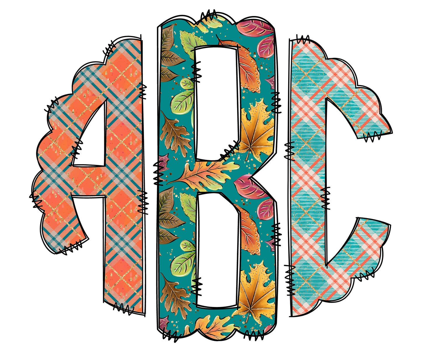 Plaid Fall Monogram Letters, Pumpkin Boho Sublimation PNG Elements Hand Drawn Doodle Alpha Bundle, Tartan Leaf Sublimation Font PNG Floral