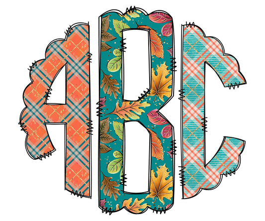 Plaid Fall Monogram Letters, Pumpkin Boho Sublimation PNG Elements Hand Drawn Doodle Alpha Bundle, Tartan Leaf Sublimation Font PNG Floral