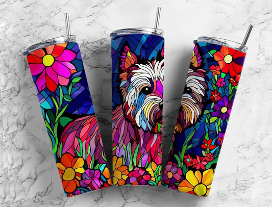 Yorkshire terrier 20oz Sublimation Tumbler Designs, floral stained glass 9.2 x 8.3” Straight Skinny Tumbler Wrap PNG
