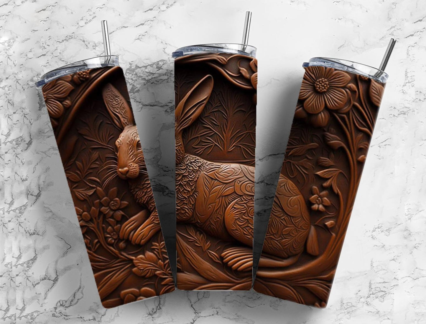 Tooled leather rabbit 20oz Sublimation Tumbler Designs, Engraved leather 9.2 x 8.3” Straight Skinny Tumbler Wrap PNG