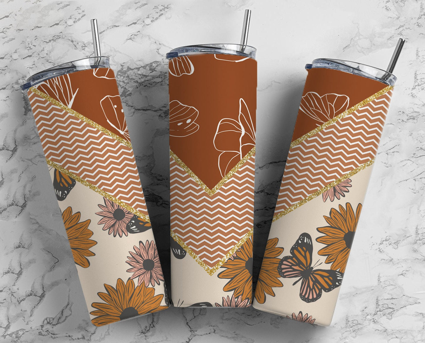 Sunflower Butterfly 20oz Sublimation Tumbler Designs, Aesthetic V Split 9.2 x 8.3” Straight Skinny Tumbler Wrap PNG 36