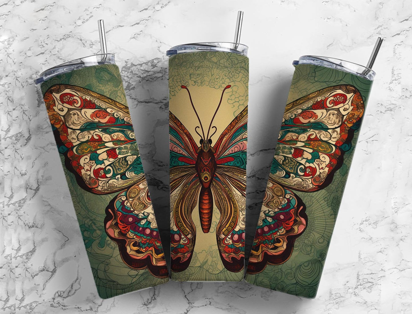 Dark butterfly 20oz Sublimation Tumbler Designs, Patterned wings 9.2 x 8.3” Straight Skinny Tumbler Wrap PNG