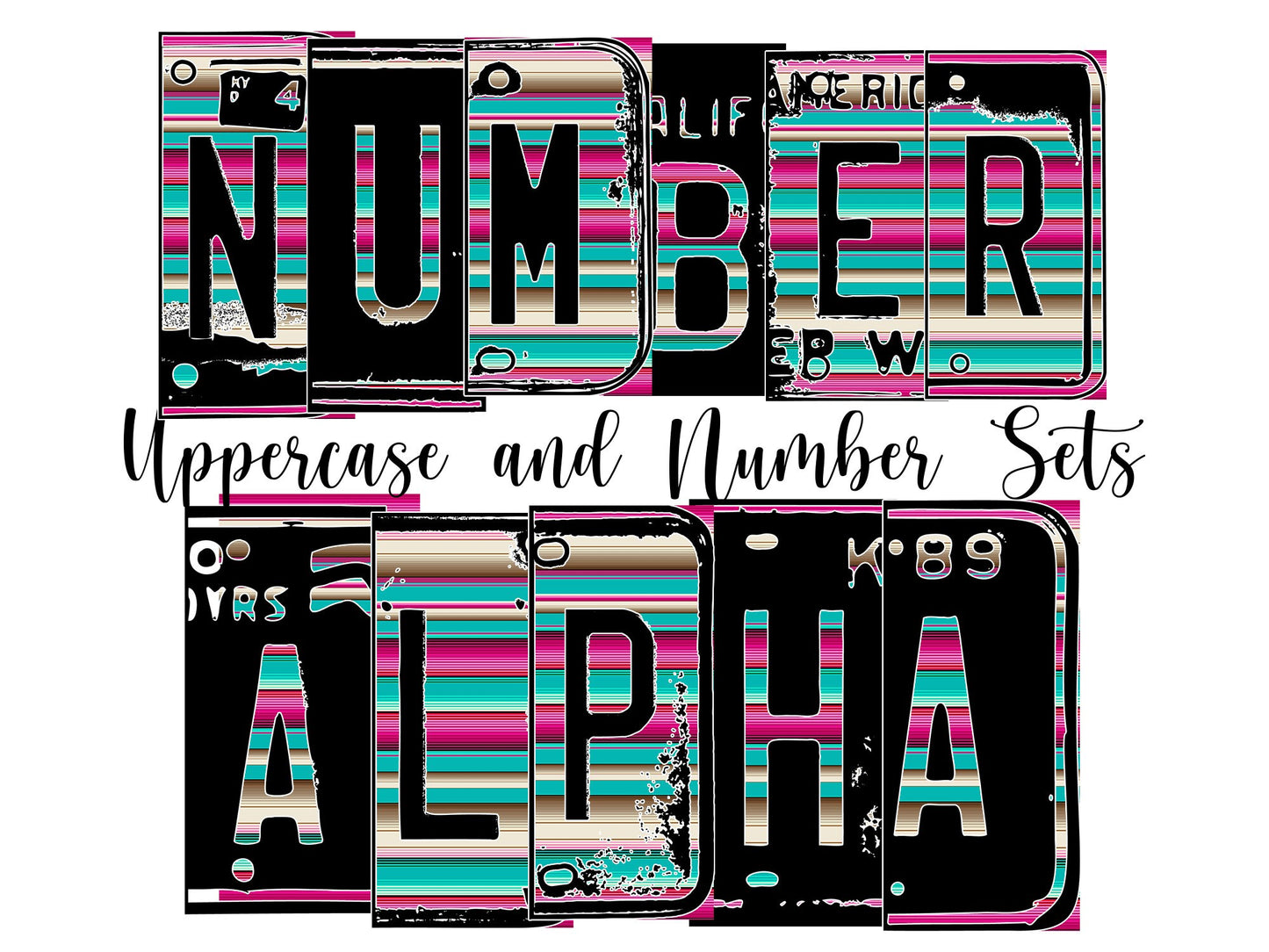 Pink Serape Number Plate Alphabet Uppercase Numbers PNG, Teal CountryAlphabet PNG Digital Download