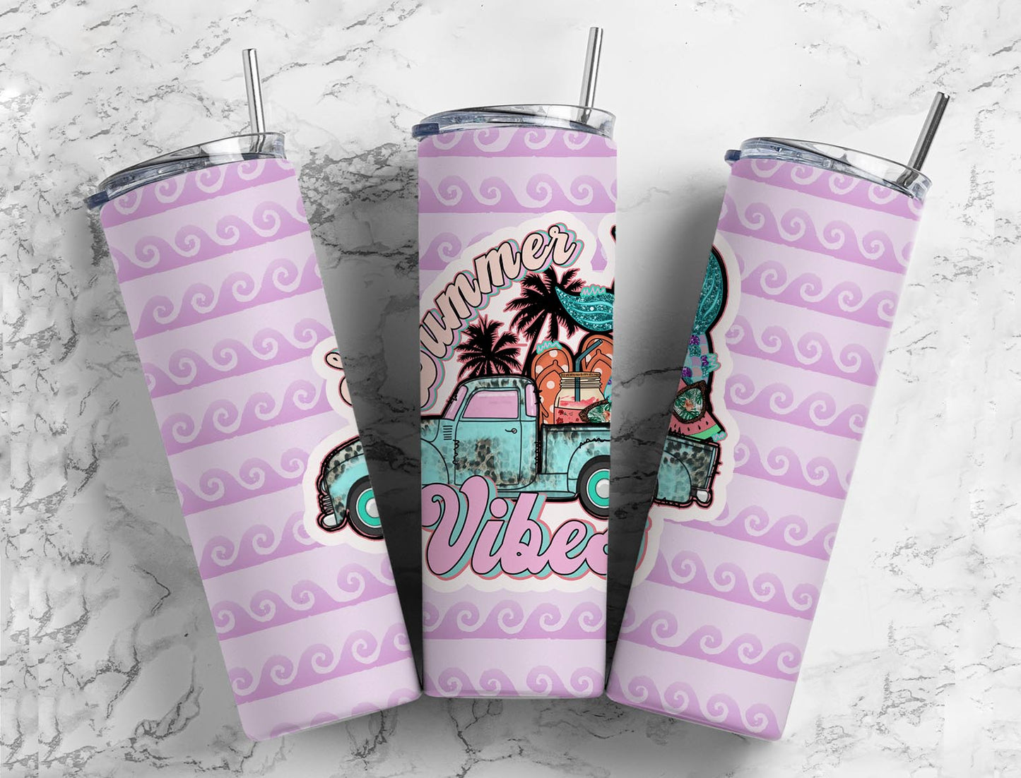 Summer Vibes 20oz Sublimation Tumbler Designs, 9.2 x 8.3” Straight Skinny Tumbler Wrap PNG