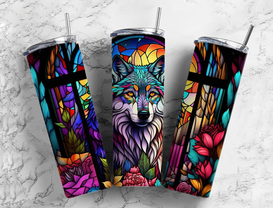 Stained glass wolf 20oz Sublimation Tumbler Designs, Neon rainbow 9.2 x 8.3” Straight Skinny Tumbler Wrap