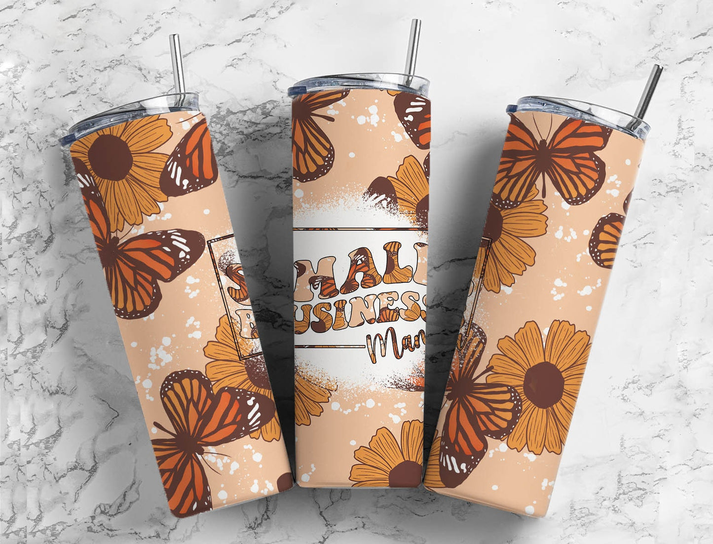 Sunflower Butterfly 20oz Sublimation Tumbler Designs, Small business 9.2 x 8.3” Straight Skinny Tumbler Wrap PNG