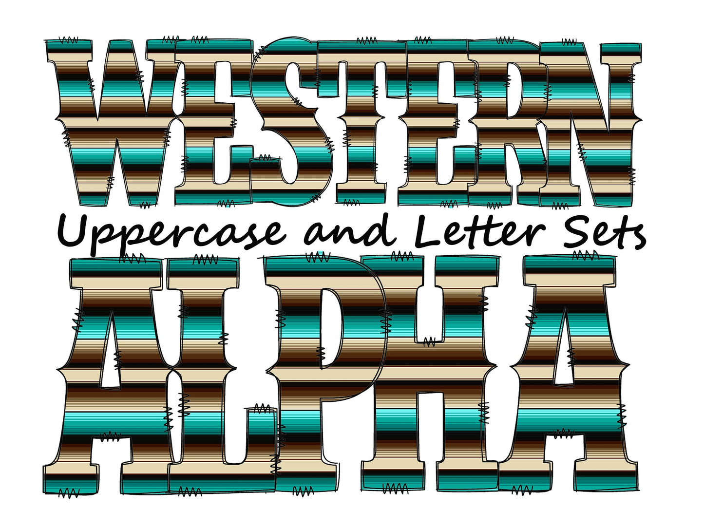 Striped serape Doodle Letters Western Alphabet, Blue and brown Alphabet PNG, Entire Doodle Alphabet Uppercase and Numbers PNG