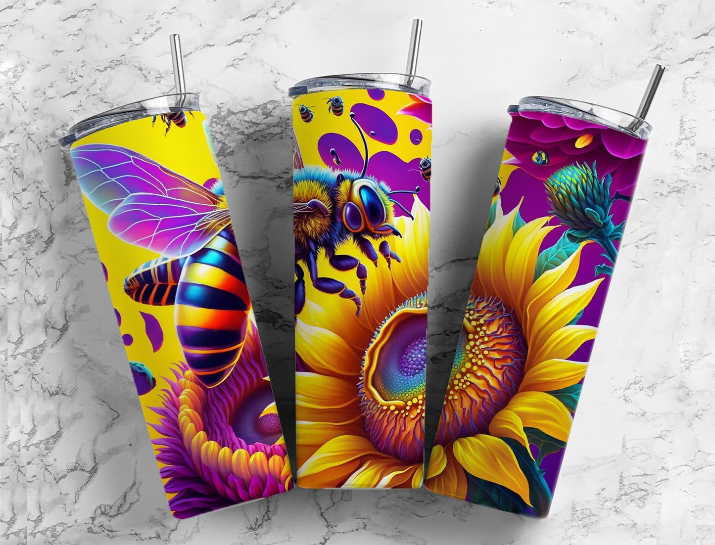 Bee floral 20oz Sublimation Tumbler Designs, Sunflowers 9.2 x 8.3” Straight Skinny Tumbler Wrap PNG