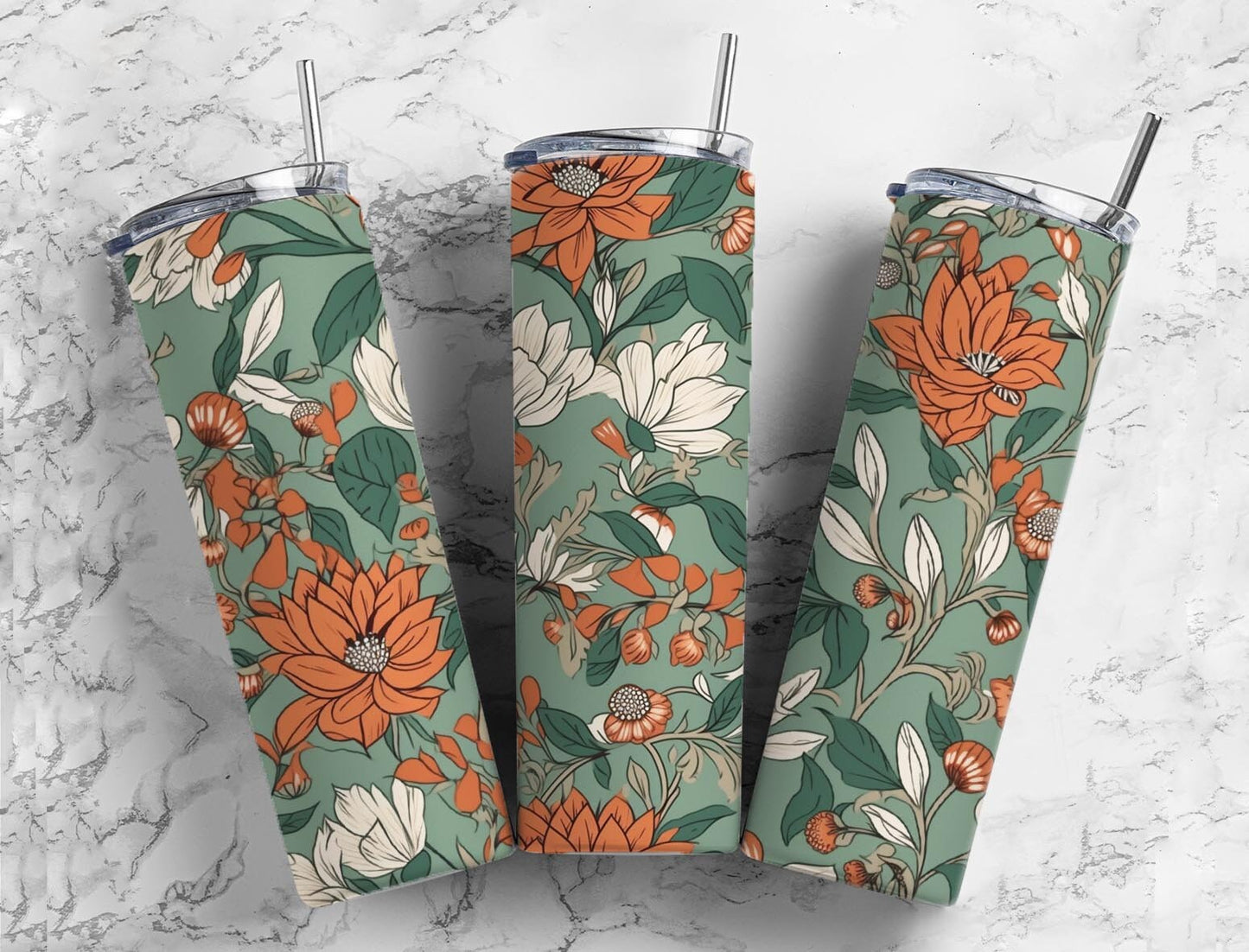 Retro floral 20oz Sublimation Tumbler Designs, Blue and orange 9.2 x 8.3” Straight Skinny Tumbler Wrap PNG