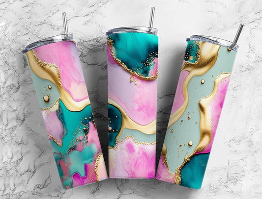 Blue and pink 20oz Sublimation Tumbler Designs, Gold acrylic pour 9.2 x 8.3” Straight Skinny Tumbler Wrap PNG