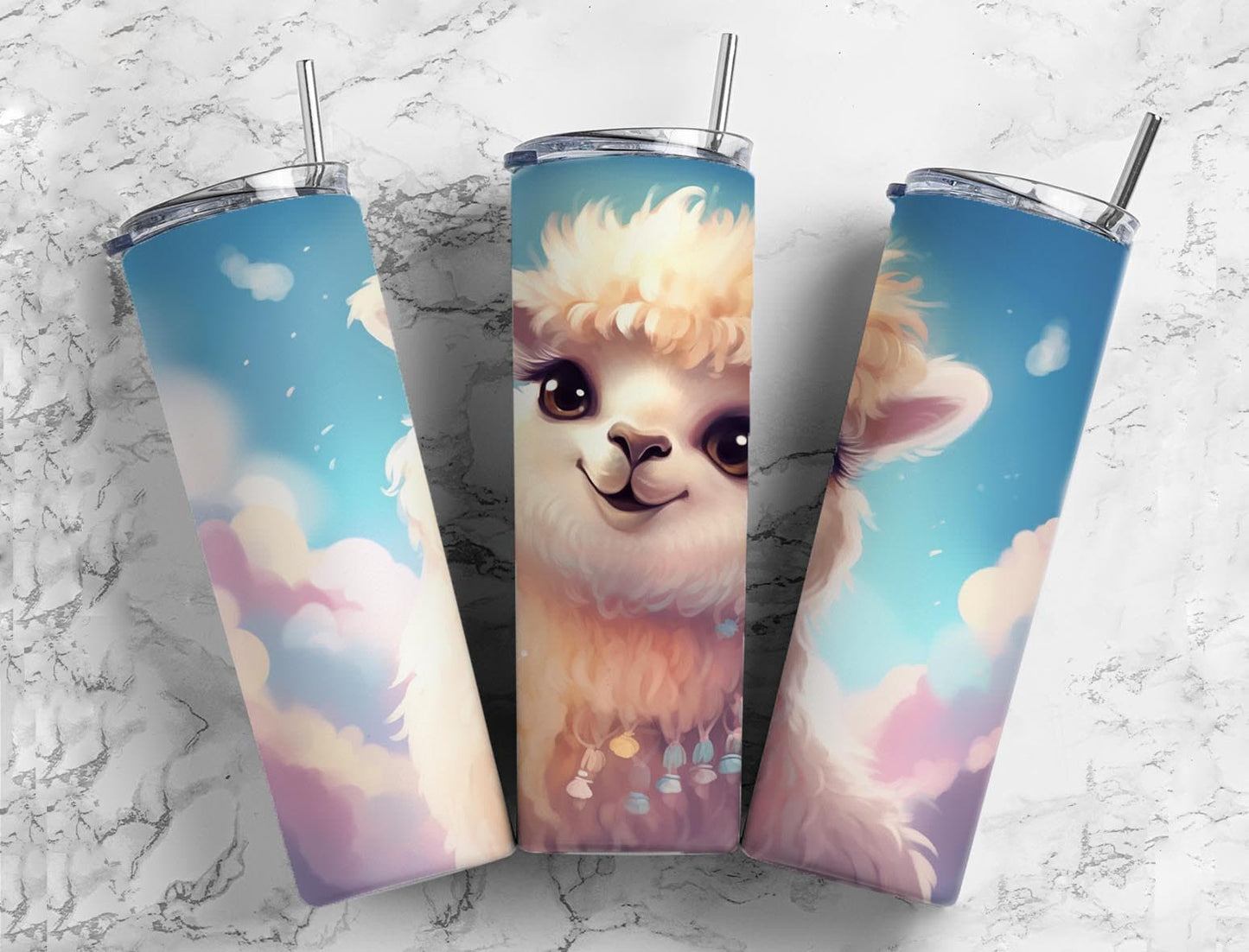 baby alpaca 20oz Sublimation Tumbler Designs, sky clouds 9.2 x 8.3” Straight Skinny Tumbler Wrap PNG