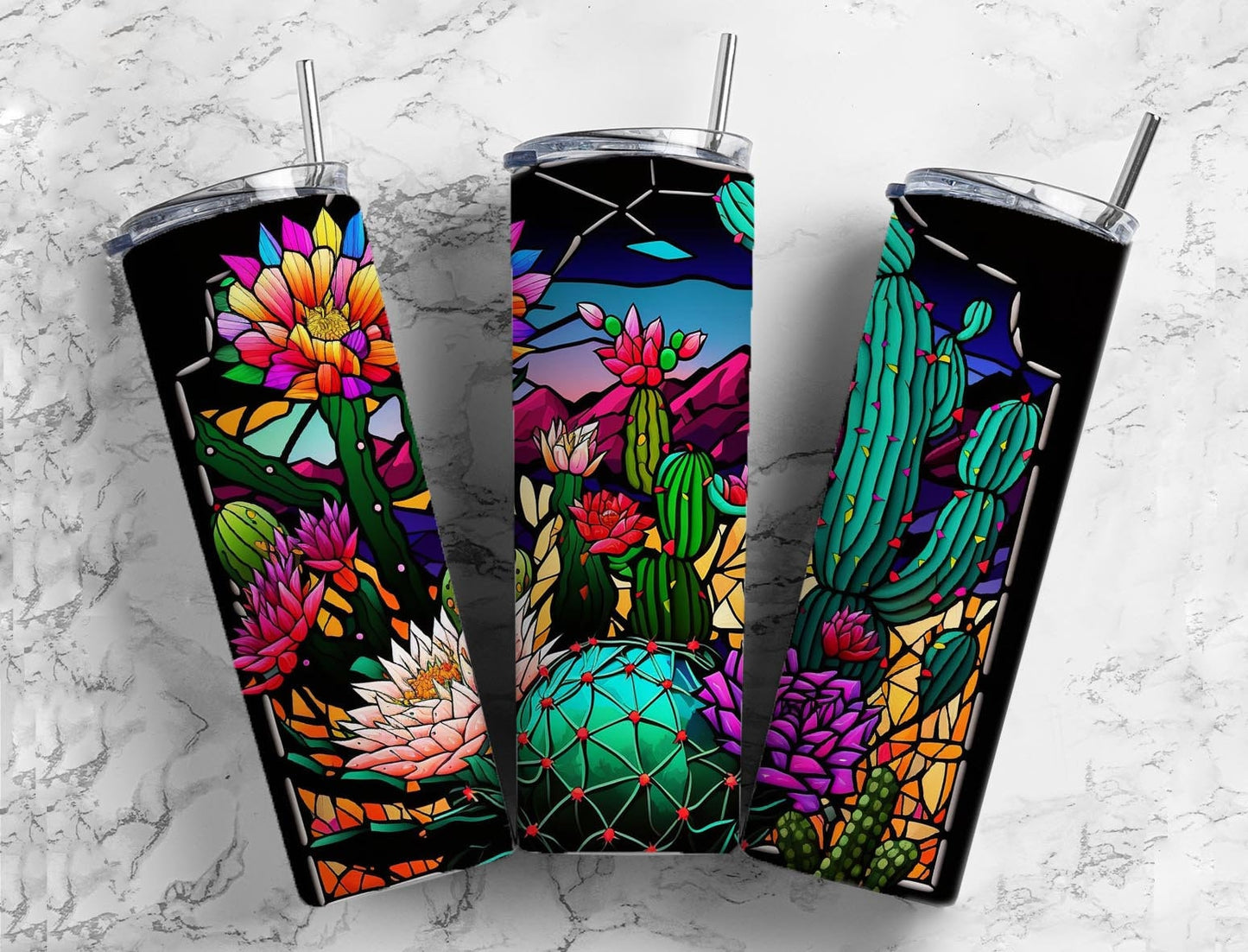 Stained glass desert 20oz Sublimation Tumbler Designs, rainbow cactus 9.2 x 8.3” Straight Skinny Tumbler Wrap