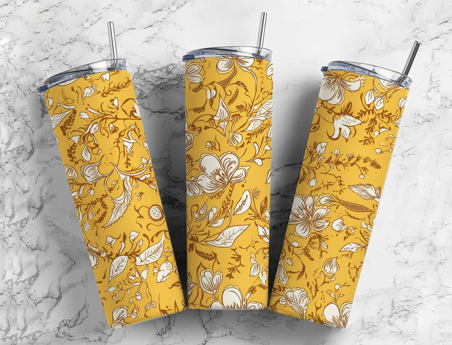 Yellow floral 20oz Sublimation Tumbler Designs, Botanical 9.2 x 8.3” Straight Skinny Tumbler Wrap PNG