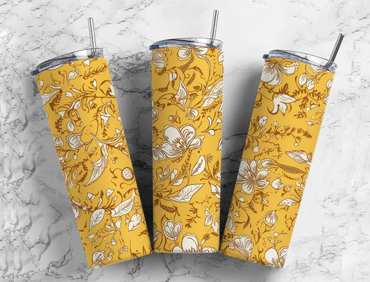 Yellow floral 20oz Sublimation Tumbler Designs, Botanical 9.2 x 8.3” Straight Skinny Tumbler Wrap PNG