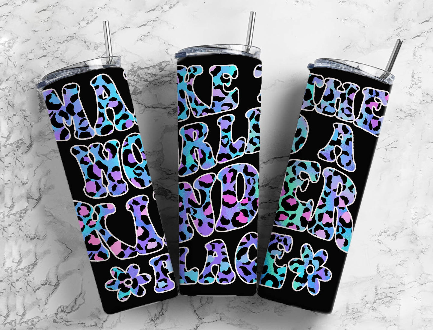 Blue Leopard Print 20oz Sublimation Tumbler Designs, Make The World A Kinder Place 9.2 x 8.3” Straight Skinny Tumbler PNG