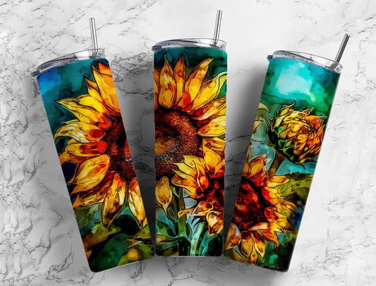 Sunflower colorful 20oz Sublimation Tumbler Designs, Floral botanical 9.2 x 8.3” Straight Skinny Tumbler Wrap PNG