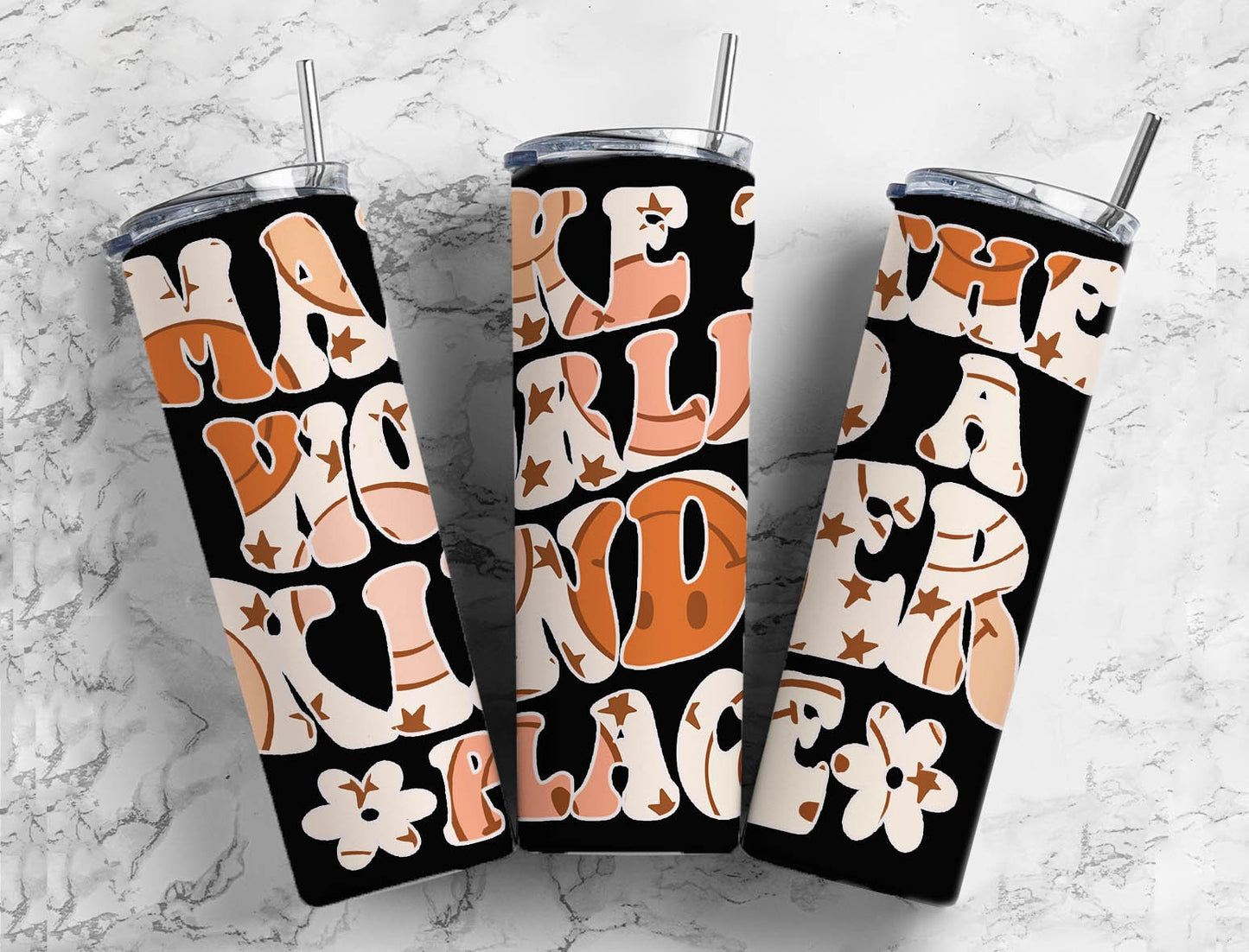 Smiley Retro 20oz Sublimation Tumbler Designs, Orange Make The World A Kinder Place 9.2 x 8.3” Straight Skinny Tumbler PNG