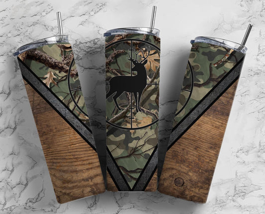 Camo Deer Hunting 20oz Sublimation Tumbler Designs, Woodgrain Man 9.2 x 8.3” Straight Skinny Tumbler Wrap PNG , Hunting Scope