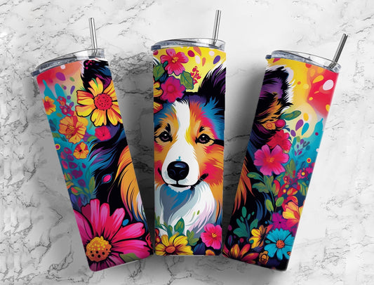 Shetland sheepdog 20oz Sublimation Tumbler Designs, Colorful floral 9.2 x 8.3” Straight Skinny Tumbler Wrap PNG