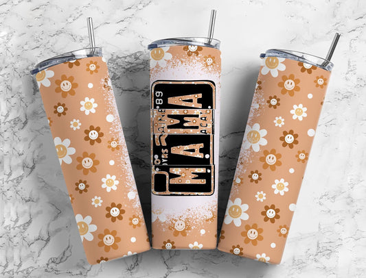 Retro Smiley Daisy 20oz Sublimation Tumbler Designs, Mama Number Plate 9.2 x 8.3” Straight Skinny Tumbler, Tumbler Wrap PNG